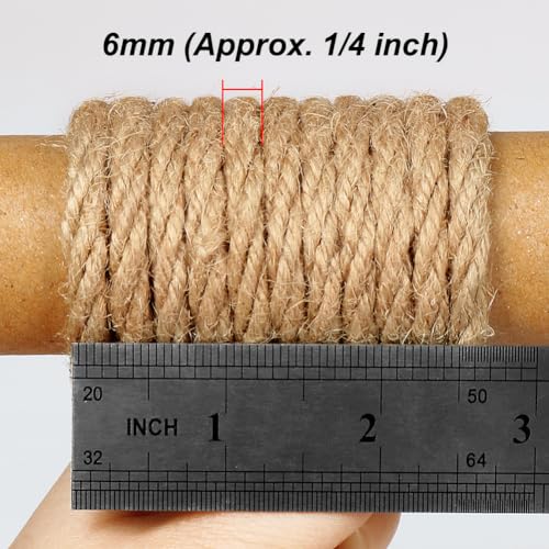 Tenn Well 6mm Jute Rope, 66 Feet Strong and Thick Twine Rope for Crafting, Gardening, Cat Scratching Post, Packing, Home D...
