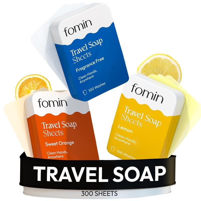 FOMIN - Antibacterial Paper Soap Sheets Tin for Traveling - (300 Sheets) Variety Pack (Unscented, Orange, Lemon) Portable Travel