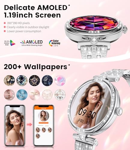 LIGE Smart Watches for Women (Answer/Make Call) with Diamonds,1.19” AMOLED Smartwatch with Heart Rate/Sleep Monitor,IP68 W...