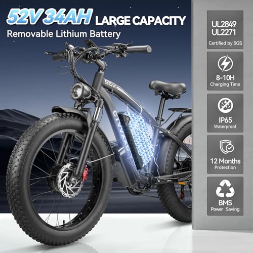 6000W Peak Dual Motor Ebike for Adults - 52V 34Ah Fast Electric Bike for Men Women 45 MPH,Up to 100 Miles,24" Fat Tire Loc...
