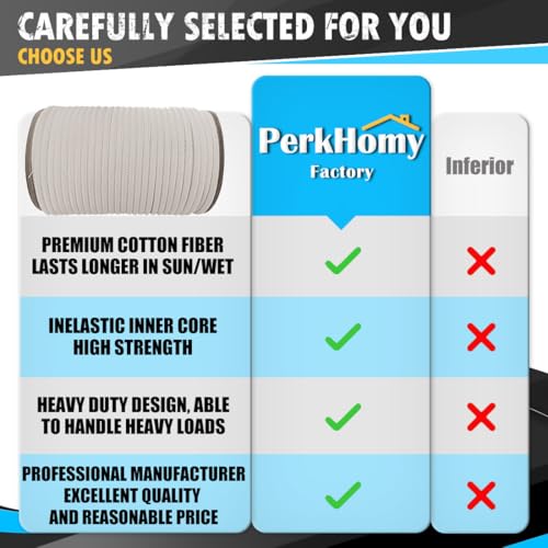 PerkHomy 200 Feet Cotton Rope 3/16" (5mm) Multi Purpose Utility Diamond Braided Cord, Natural Cotton for Clothes Line Camp...