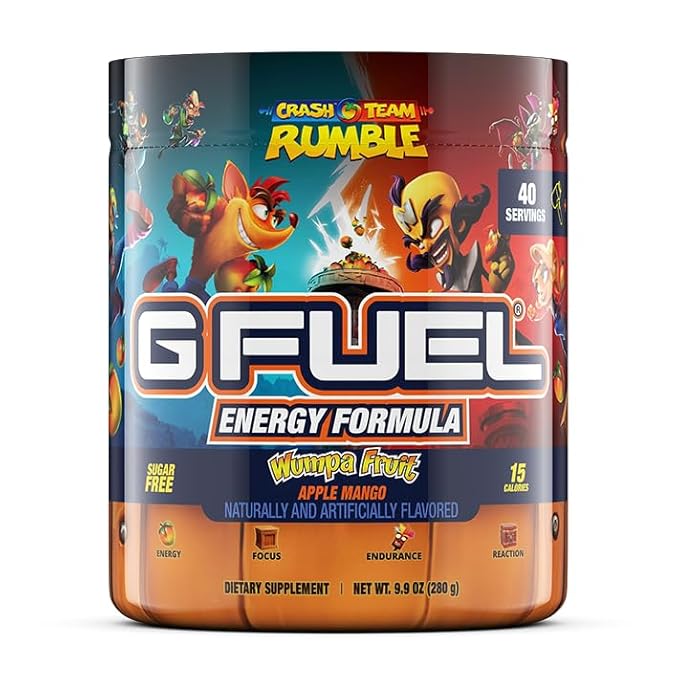 G Fuel Crash Team Rumble Energy Drink Powder, Pre Workout Caffeine Mix for Gaming, Sugar Free Focus Amino, Vitamin + Antioxidants, 9.9oz (Apple Mango Wumpa Fruit, 40 Servings)