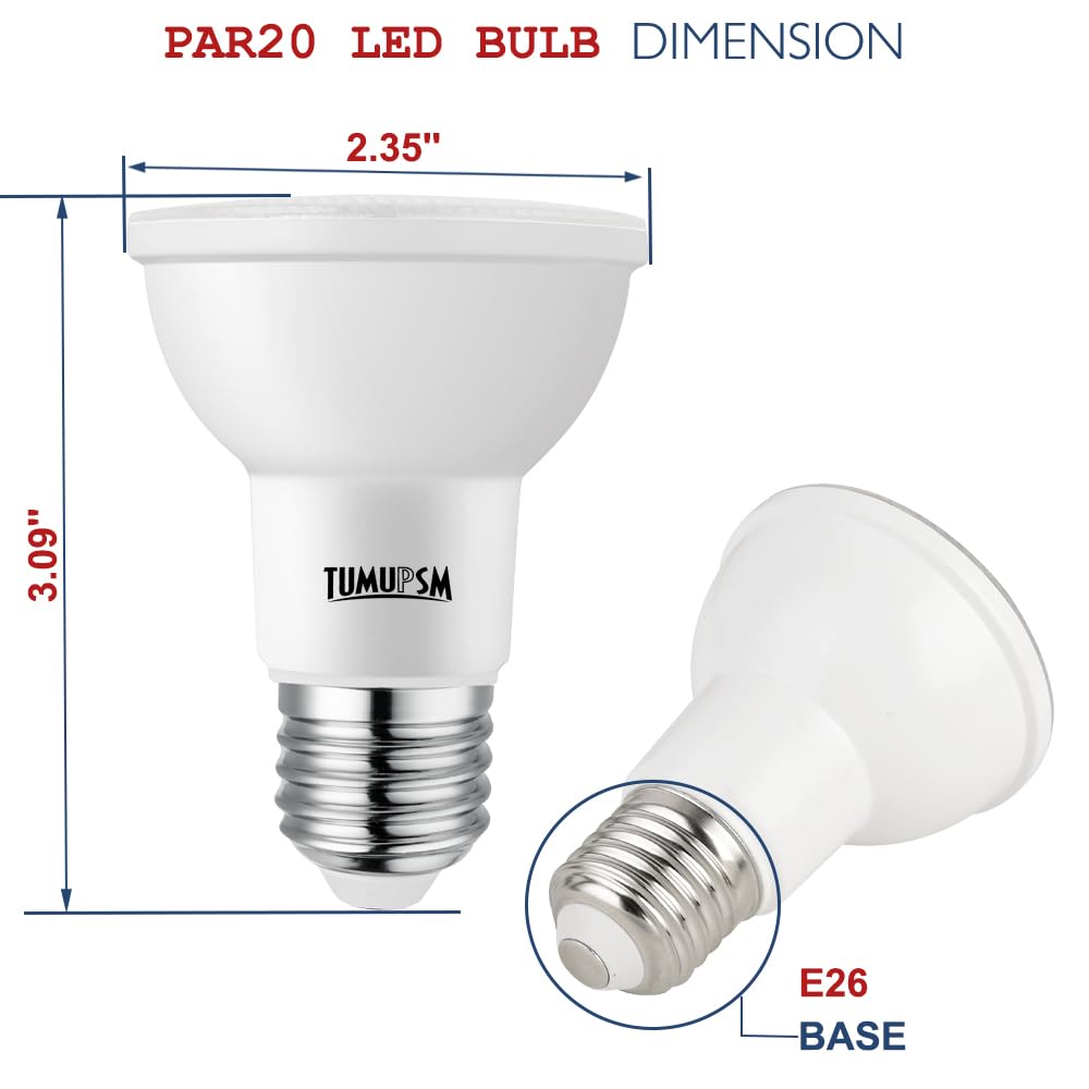 Tumupsm Par20 Led Bulb Daylight White 5000K Dimmable Flood Light 7W=60W Halogen E26 600Lm Track Recessed Lighting Bulbs 4 Pack