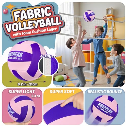 RUN2PEAK Super Soft Light Volleyball - Safe and Quiet Fabric Volleyball Ball for Indoor Play - Official Size 5 Kids Youth ...