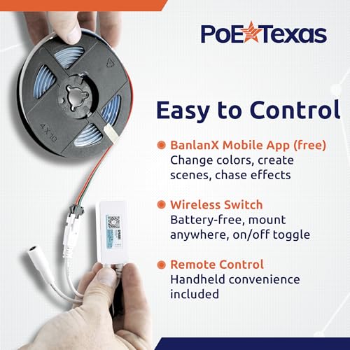 PoE Texas RGB LED Strip Lighting Kit - Plug & Play PoE Driver with COB LED Strip - Wireless Light Switch & App Control - I...