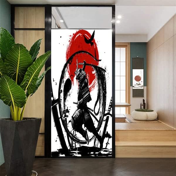 Japanese Samurai Decorative Window Film Watercolor Ink Samurai Sword Red Sun Printdining Room Window Film,Dorm Room Glass Film 23.6Wx35.4L-Inch X1Pcs