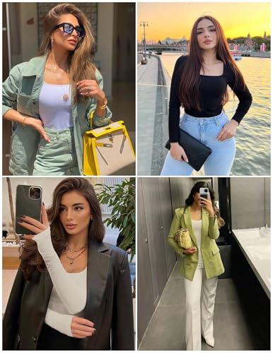 Ekouaer Womens Long Sleeve Shirts Square Neck Slim Fit Basic Tops Ribbed Thermal Undershirts Layering Tee
