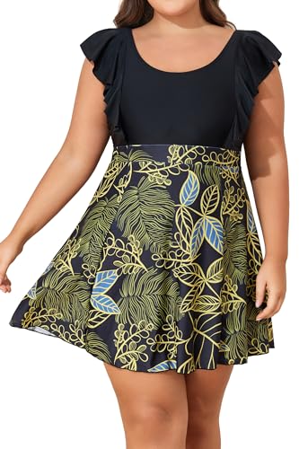 Smismivo Women Plus Size Swim Dress One Piece Bathing Suits Built in Shorts Tummy Control Swimdress