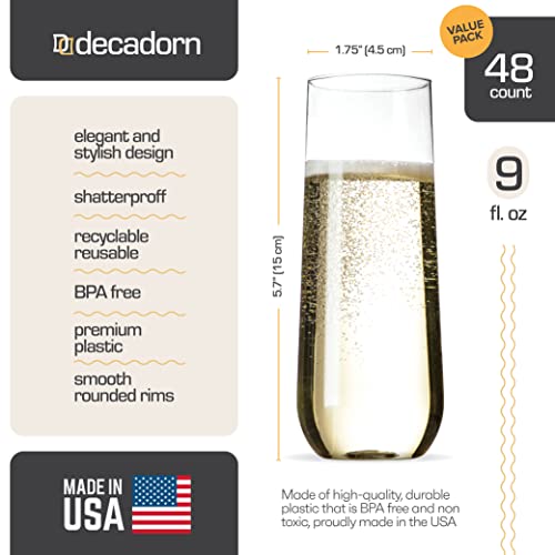DECADORN Clear Stemless Champagne Flutes Plastic 48 Pack - 9oz Plastic Champagne Glasses - Durable and Sturdy Mimosa Glass...