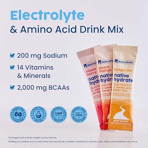NativePath Native Hydrate Stick Packs with Electrolytes and Amino Acids, Variety Pack, Mixed Berry, Peach Mango, Tangerin...