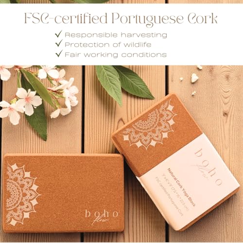 Boho Flow Cork Yoga Block 2 Pack with Strap & Bag | Premium Eco-Friendly Cork Bricks 9”x6”x3” | Heavy-Duty, Non-Slip & Dur...