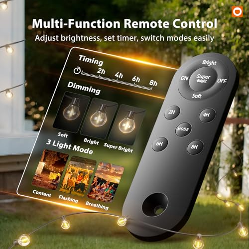 addlon 100FT Solar String Lights Outdoor with Remote, 54 LED Shatterproof Bulbs, Dimmable & Timable, 3 Light Modes, G40 Wa...