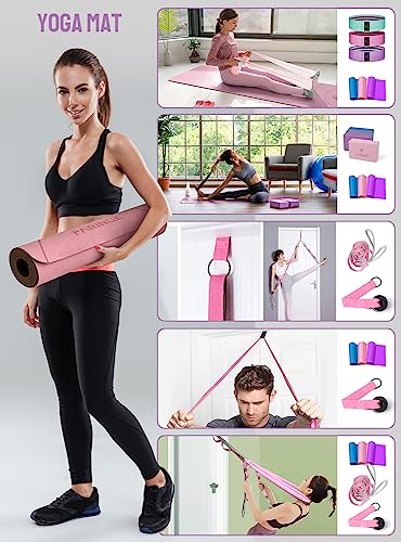 1/3 Yoga Mat Thick, Yoga Set for Beginners Include High Density Mat with Multi-loops Strap, Blocks, Booty Resistance Band ...