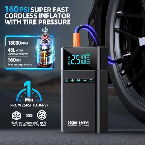 CZKBG 10-in-1 Portable Car Battery Jump Starter with Air Compressor, 6000A 160PSI Portable Car Jumper Starter (All Gas 12L...
