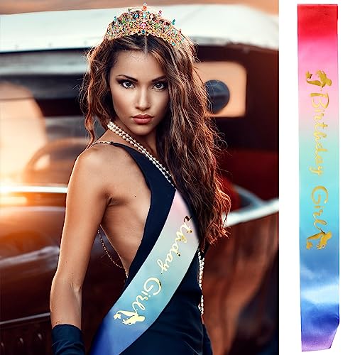 Velscrun Rainbow Color Crystal Birthday Tiara Crowns for Women Girls Elegant Princess Crown with Combs Birthday Girl Headb...