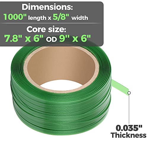 Heavy Duty Packaging Strapping Banding Roll - Green Polyester PET Industrial-Grade, 1000' x 5/8" x 0.035" Pallet Strap Coi...