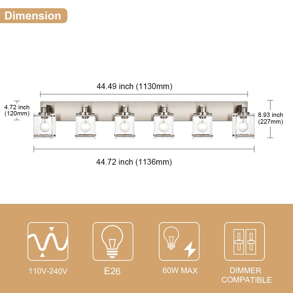 Winshen 6-Lights Brushed Nickel Bathroom Light Fixture Over Mirror  Modern Wall Sconce With Clear Glass Shades  E26 Bulb Base Vanity Lighting For Over Mirror Kitchen