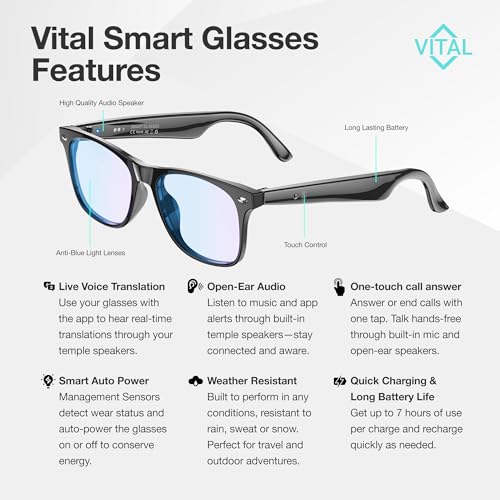 Vital Smart Glasses for Men AI Translation – Open-Ear Bluetooth 5.3 Audio, 164-Language Translator in Phone App Vital Smar...