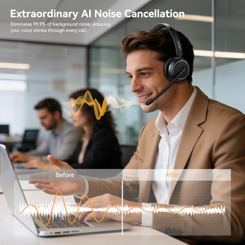 LEVN Wireless Headset, Wireless Headset with Mic for Work, AI Noise Cancelling, 65 Hrs Working Time, Bluetooth Headphones ...