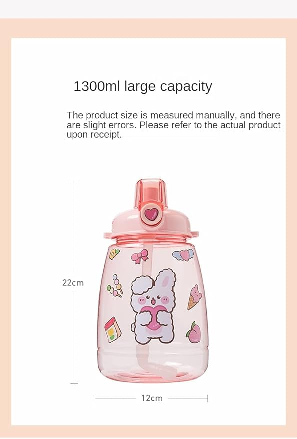 PEXIZUAN Kawaii water bottle big belly cup big water bottle cute travel cup strap straw cup(grey,1300ML)