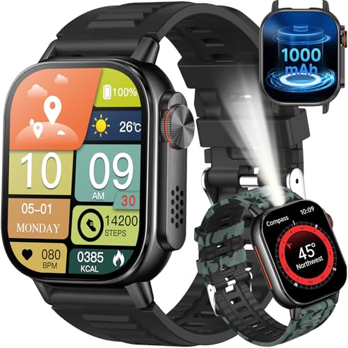 KPEP Military Watches for Men (2 Straps), 2.01" Fitness Tracker Watch with LED Flashlight, 100 Days Battery, Compass, SpO2...