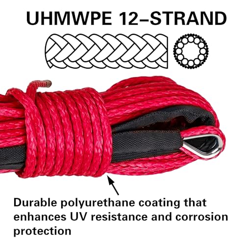 guideamps ATV UTV Synthetic Winch Rope Cable 3/16" x 50 ft, 8,300 lbs Pulling Strength, with Protective Sleeve, Safety Pul...