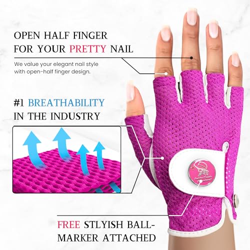 Caddy Classic Ladies Golf Glove Women | Half Finger Mesh Design for High Breathability | Premium Leather uction for Comfor...