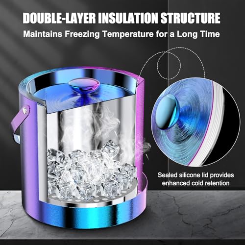 IOV Ice Bucket with Lid, Scoop, Tongs, and Strainer, 3 L Stainless Steel Double Wall Insulated Ice Bucket for Parties, Kee...