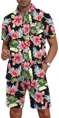 YTD Mens Flower Hawaiian 2 Piece Outfit Sets Short Sleeve Beach Casual Button Down Shirt and Shorts Suits