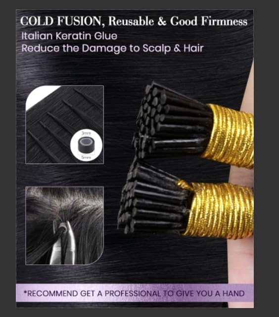 LaaVoo Itip Human Hair Extensions Black I Tips Hair Extensions Real Human Hair 18 Inch Jet Black I Tip Hair Extensions Pre Bonde