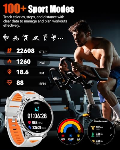 PODOEIL 1.85" Big Screen Military Smart Watch for Men with Flashlight, 730mAh Large Battery, IP68 Waterproof, Bluetooth Ca...