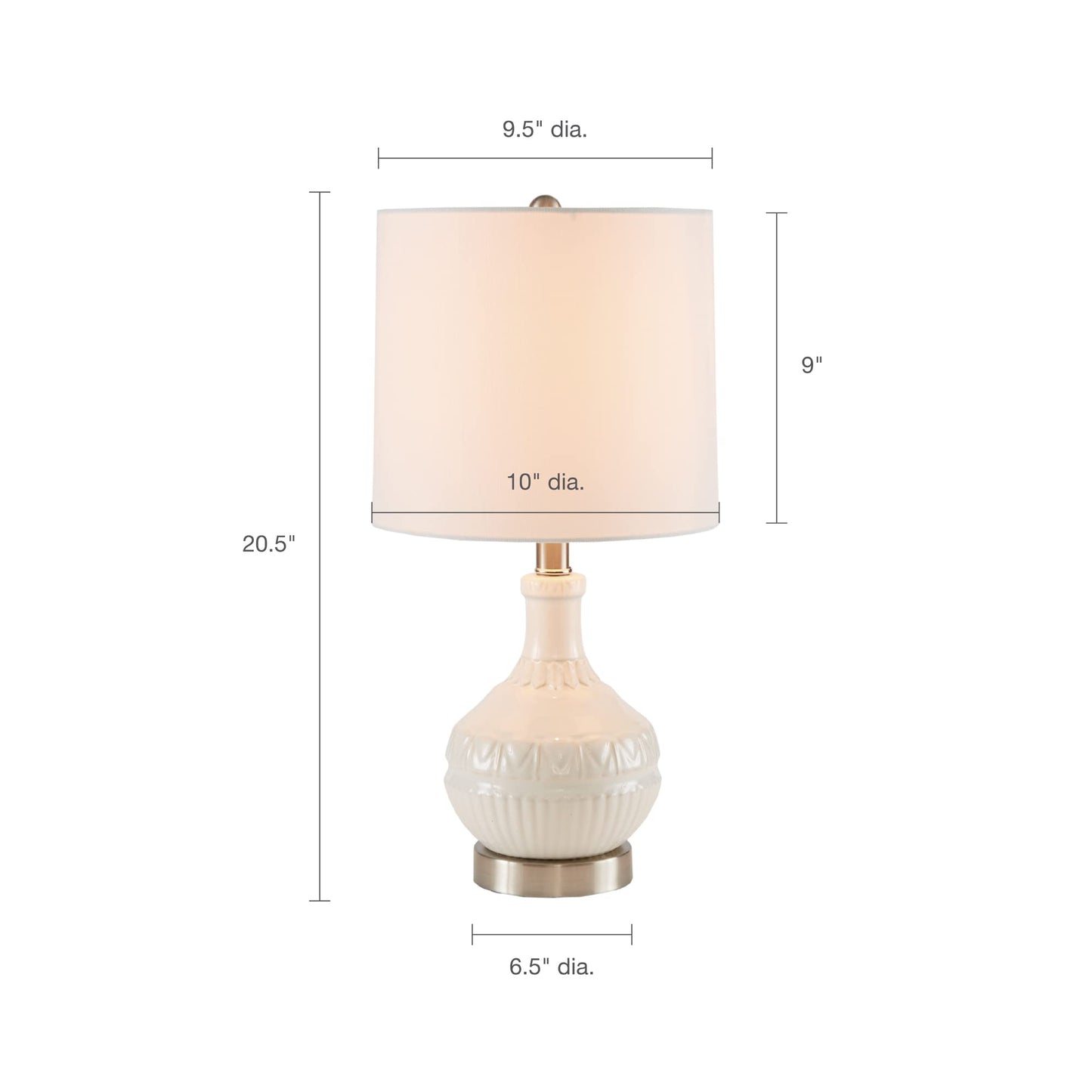 510 DESIGN Gypsy Ceramic Table Lamp, 10inW x 10inL x 20.5inH, White, Fabric Shade, Rotary Switch, Model 5DS153-0030