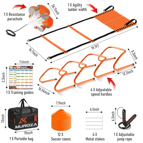 MUROZA Agility Ladder, Agility Speed Training Equipment Set, 20ft Speed Ladder, 12 Soccer Cones, 4 Hurdles, Jump Rope, Run...