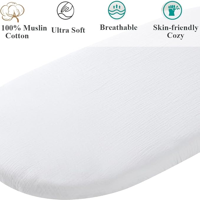 Muslin Bassinet Sheet Compatible with Mika Micky Bedside Sleeper 2 Pack Cotton Stylish Boho Fitted Bassinet Sheets Super Soft for Baby White & Pink