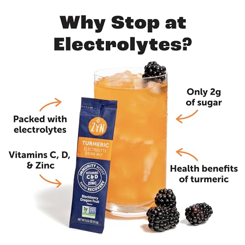 ZYN Electrolyte Drink Mix Hydration Packets, Electrolytes Powder, Hydration Packets w/Turmeric Curcumin, Vitamin C and D, ...
