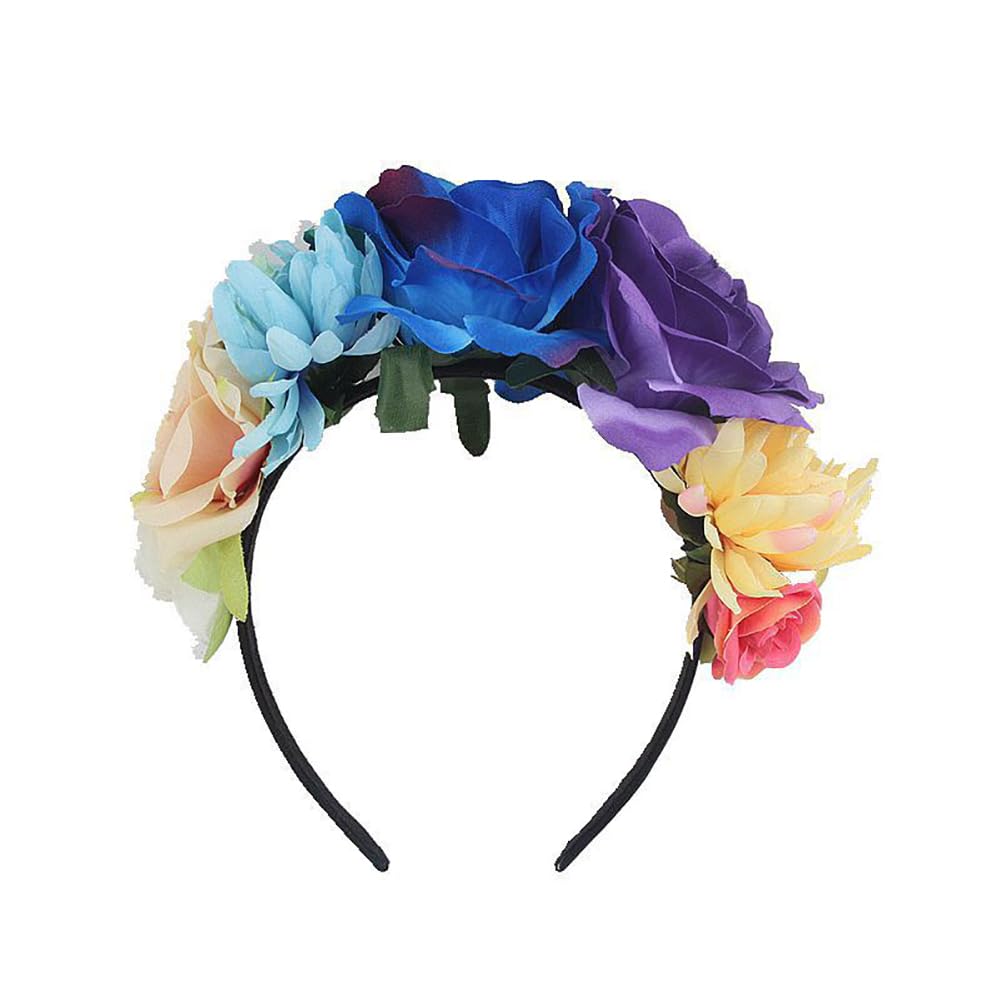 Lofruiin Women's Bohemian Rose Flower Crown Mexican Day of The Dead Headband Halloween Party Costume Headpiece (Colorful Blue Da