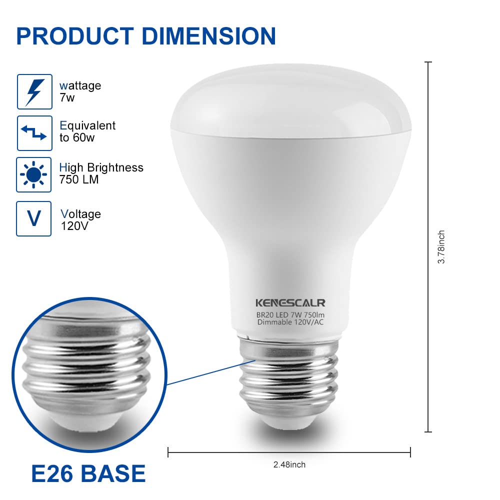 Kenescalr 20-Pack Br20 Led Bulb 3000K Warm White Dimmable Can Light Bulbs 7W 50W 60W Equivalent 750Lm E26 Base Indoor Flood Light Bulbs For Recessed Ceiling Lighting