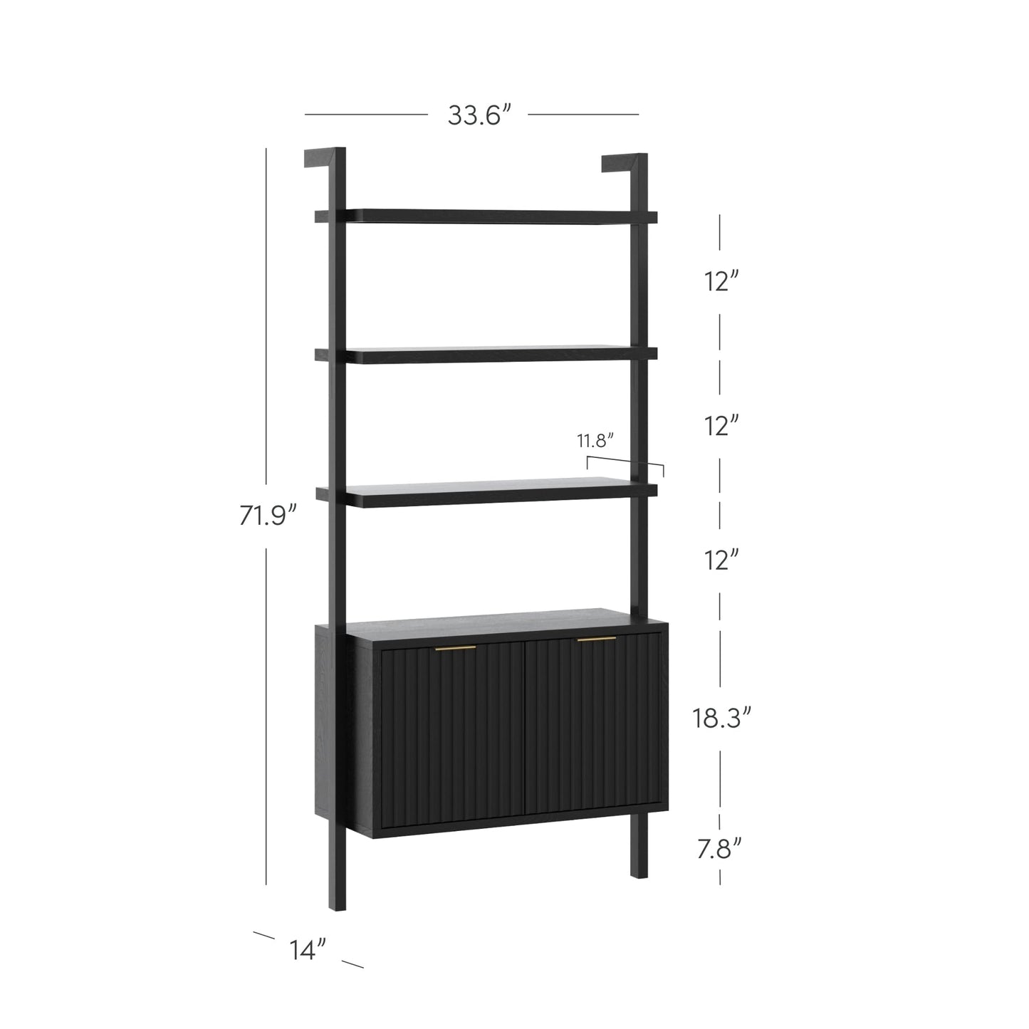 Nathan James Jasper 3-Shelf Solid Wood Boho Bookshelf, Wall Mounted Bookshelf with Cabinet with Fluted Doors, Black Oak