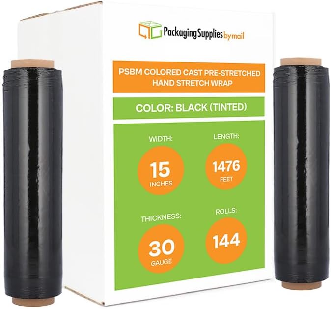 PSBM Black Stretch Wrap, 15 Inch x 1476 Feet, 144 Pack, Tinted Pre-Stretched Shrink Wrap Film for Moving, Packaging, Pallet Wrapping