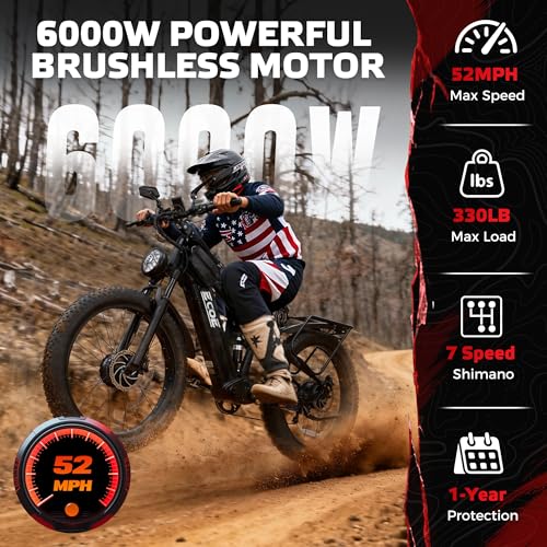 EcoE 6000W Dual Motor Electric Bike for Adults 52MPH 60V 32A, 26x4 Fat Tire All Terrain Ebikes, Full Suspension E Bike, SH...
