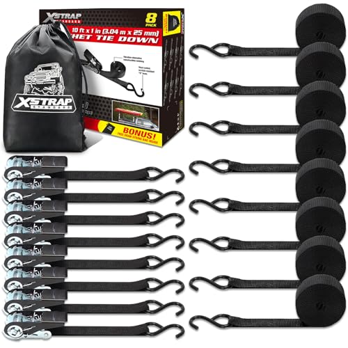 XSTRAP STANDARD Ratchet Tie Down Straps 8PK 1'' x 10 ft - 900 LB Break Strength Cargo Straps for Moving Appliances, Lawn E...