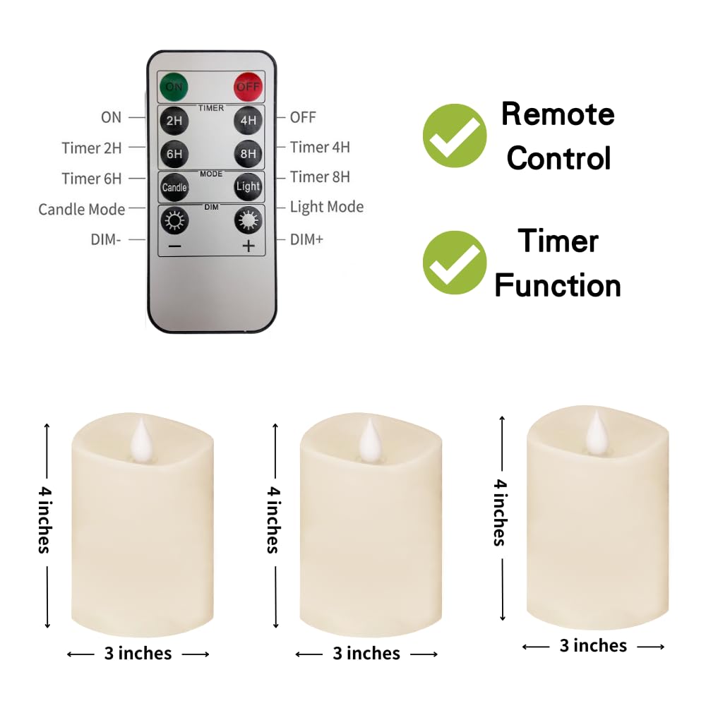 MISSTIME 3x4 Flickering Flameless Candles Set of 3,4 inch Real Wax LED 600 Hours Battery Candles with Timer Remote,Control for Wedding Party Indoor,Ivory