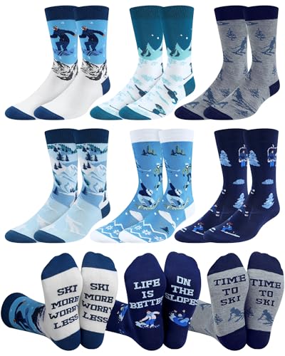 Maiteenly 6 Pairs Funny Ski Crew Socks Novelty Skiing Gift Socks Winter Snowboarding Gift for Ski Lovers Skiers Men Women