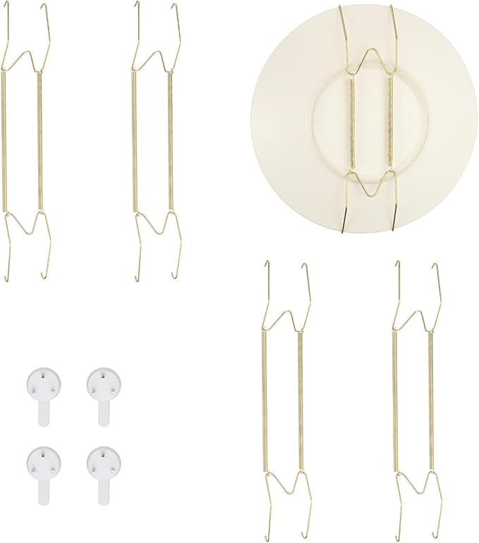 uxcell 4pcs Plate Hanger, 16 Inches Universal Stainless Steel Invisible Plate Hangers for The Wall W-Shaped Holder with Traceless Nail for Decorations, Golden