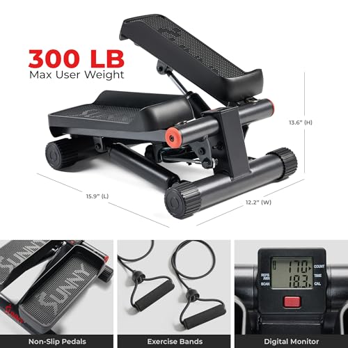 Sunny Health & Fitness Mini Stepper for Exercise at Home, Stair Step Workout Machine with Resistance Band and Over 300lb W...