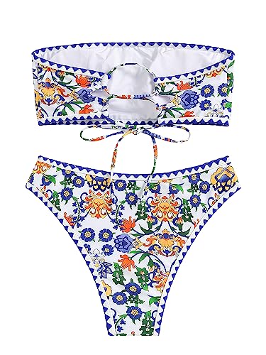 ZAFUL Women Strapless Textured Bandeau Bikini 2 Piece Swimwear Cheeky Solid Lace up Bathing Suits