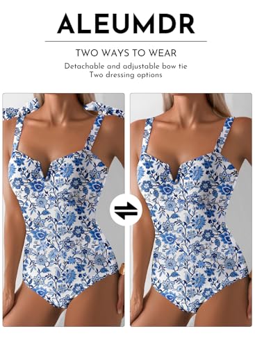 Aleumdr Women's One Piece Swimsuits Tummy Control Bathing Suits V Neck Boho Tie Shoulder Ruched Full Coverage Swimwear