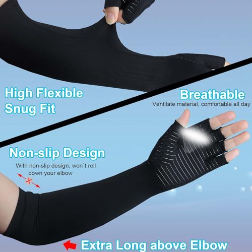 Copper Long Arthritis Gloves,Long Wrist Compression Arm Sleeve Carpal Tunnel Gloves, Fingerless Hand Compression Gloves fo...