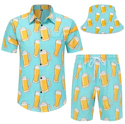 Spanoous Mens Hawaiian Shirts and Shorts Set Funny Hawaiian Shirts for Men Beach Outfits Sets with Bucket Hats