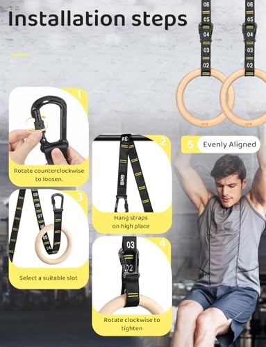 GHB Gymnastic Rings Wooden Gym Rings 1.25" Olympic Rings Adjustable Straps Pull Up Rings Sets for Workout Bodyweight Fitne...